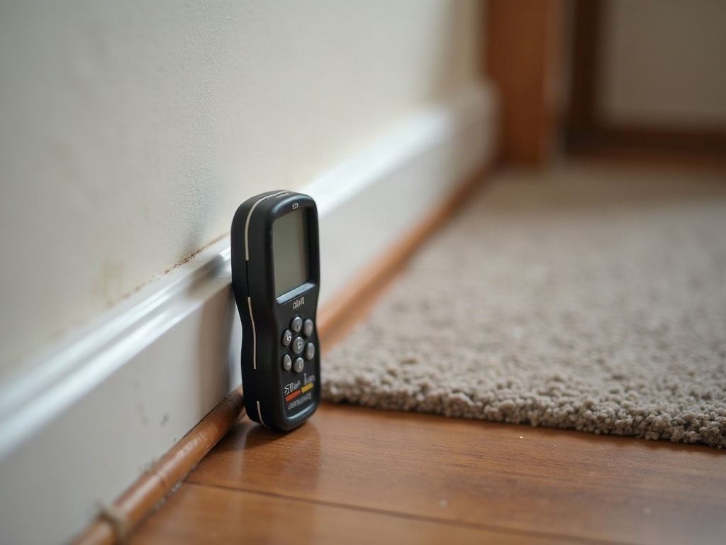 moisture meter pressed against a skirting board